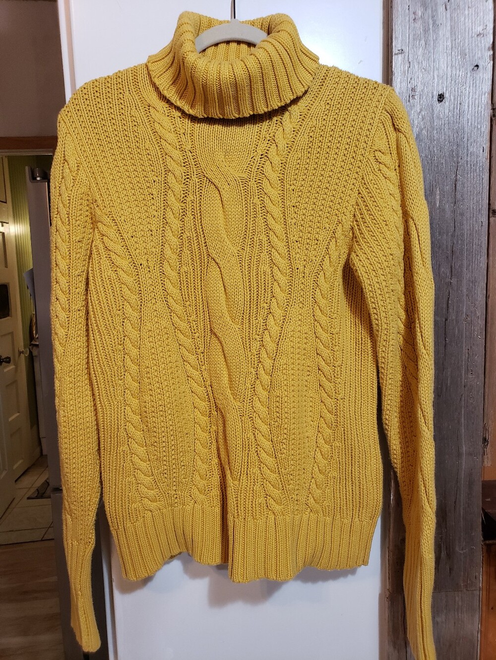 Vintage Lands End Cable Knit Fisherman Mustard Yellow Heavy Sweater Woman 10-12